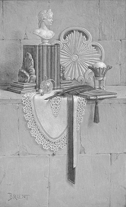 Drawing with books, a feather, ribbons and a lace mat